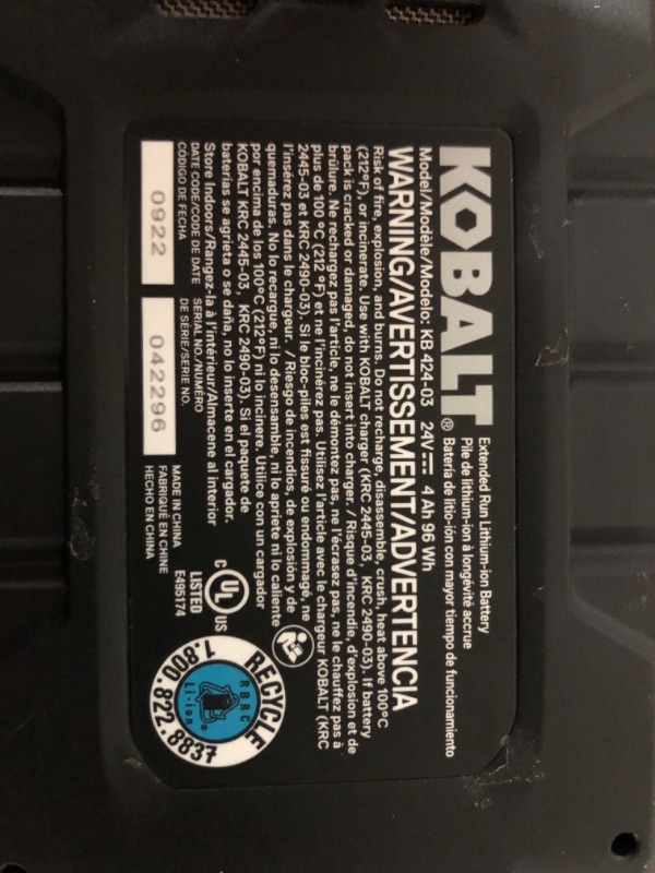 Photo 1 of Kobalt 24-volt Max 4-Amp-Hours Lithium Power Tool Battery KB 424-03
