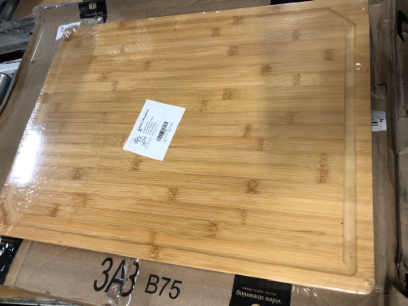 Photo 3 of (READ NOTES) 24 x 18 Extra Large Bamboo Serving Boards for Kitchen, Heavy Duty Wood Butcher Block Chopping Board with Handle and Juice Groove for Meat, Large Charcuterie Board, Over the Sink Cutting Board 24" X 18"