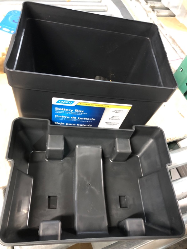 Photo 2 of Camco Heavy Duty Battery Box with Straps and Hardware - Group 24 |Safely Stores RV, Automotive, and Marine Batteries |Durable Anti-Corrosion Material | Measures 7-1/4" x 10-3/4" x 8" | (55363) Frustration Free Packaging Regular Battery Box