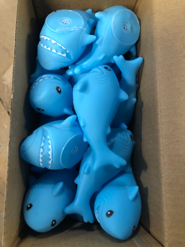 Photo 2 of 24 Pcs Rubber Sharks Squeezable and Squeak Shark Bath Toys Safe and Durable Bathtub Toys for Birthday Summer Pool Party Favors, 3 x 1.7 Inch, Blue