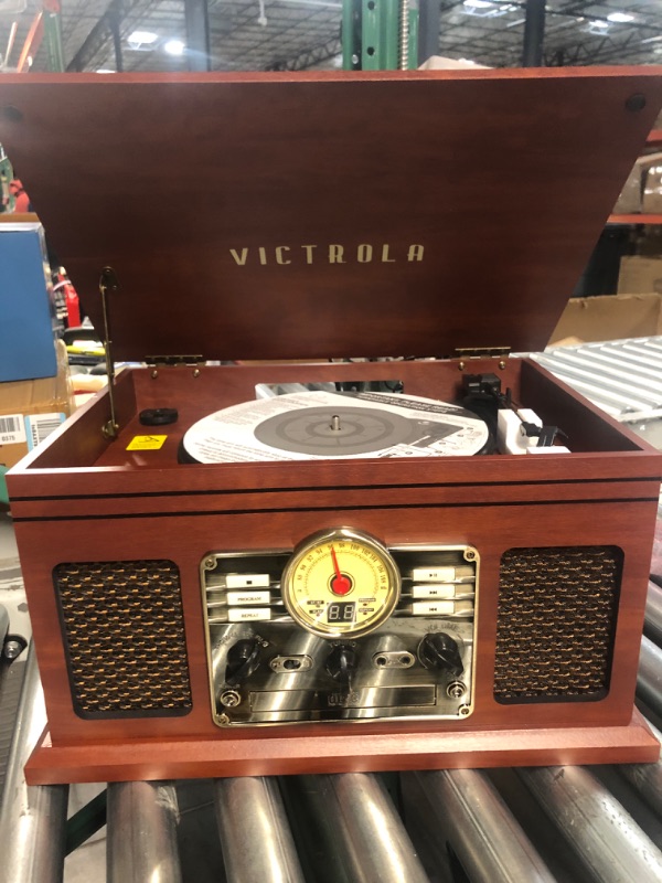 Photo 2 of Victrola Nostalgic 6-in-1 Bluetooth Record Player & Multimedia Center with Built-in Speakers - 3-Speed Turntable, CD & Cassette Player, FM Radio | Wireless Music Streaming | Mahogany Mahogany Entertainment Center