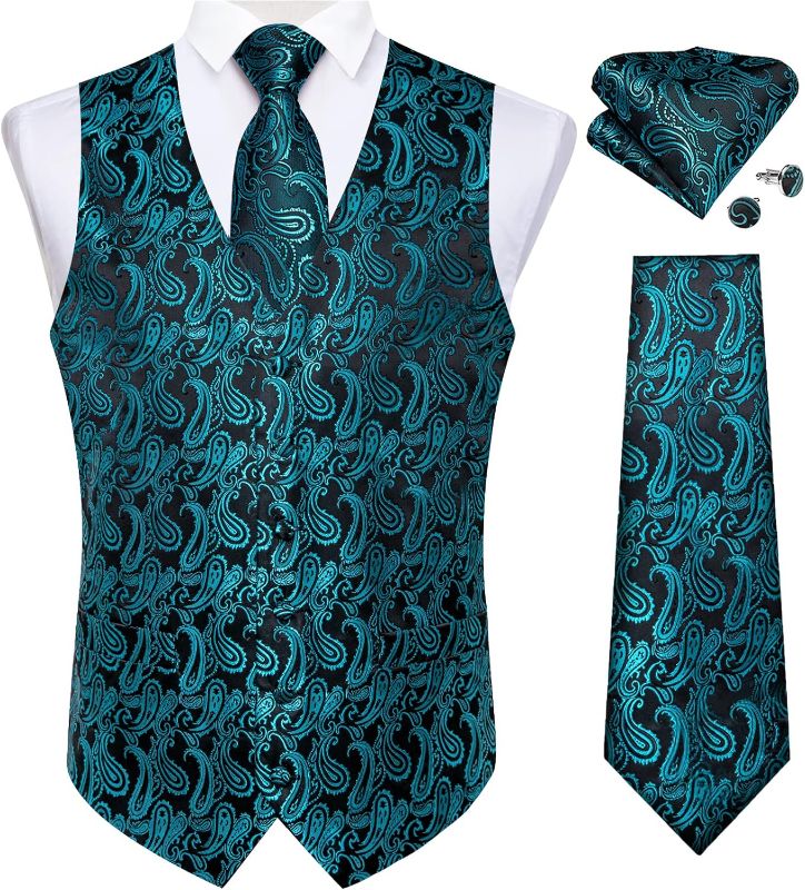 Photo 1 of DiBanGu Men's Paisley Waistcoat and Necktie Pocket Square Cufflink Vest Suit Set for Tuxedo Small Blue Paisley Vest