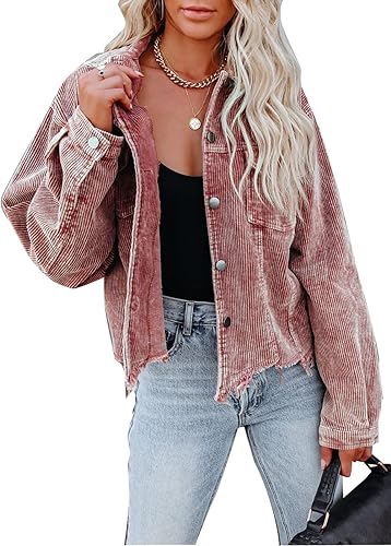 Photo 1 of LCRRRN Womens Cropped Corduroy Jacket Casual Button Down Shacket Coat Fringe with Frayed Hem
