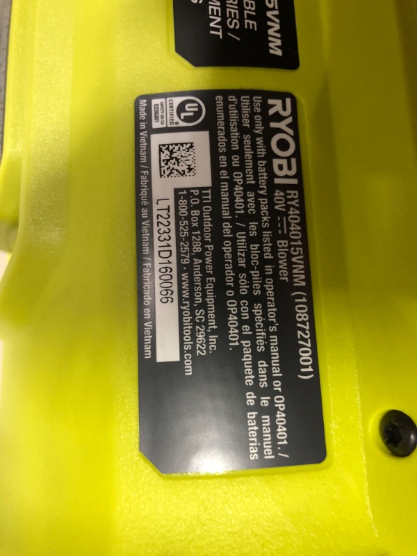 Photo 12 of ***USED - WON'T POWER ON - SEE COMMENTS***
RYOBI 40V HP Brushless 100 MPH 600 CFM Cordless Leaf Blower/Mulcher/Vacuum with (2) 4.0 Ah Batteries and Charger