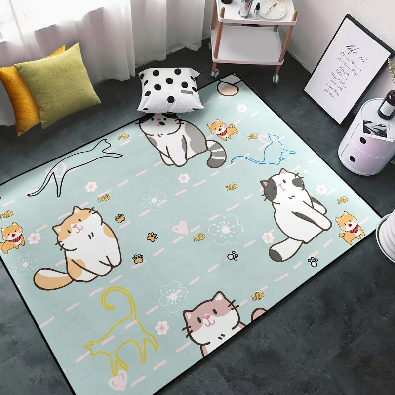 Photo 1 of ***USED - DIRTY - COVERED IN SMALL CUTS*** Girls Blue Cat Rugs Cute Cartoon Cat Area Rug, 80 in x 58 in