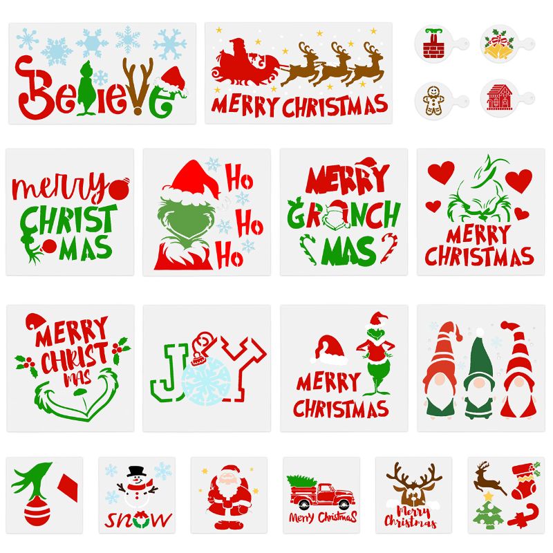 Photo 1 of *non refundable bundle*
C1krint 20Pcs Grinch Stencils for Painting on Wood, Large Christmas Stencils Reusable Make Your Own Merry Christmas Believe Gnome Snow Wood Sign Large Holiday Stencils Wood Sign Windows Art DIY Crafts (2 pack bundle)