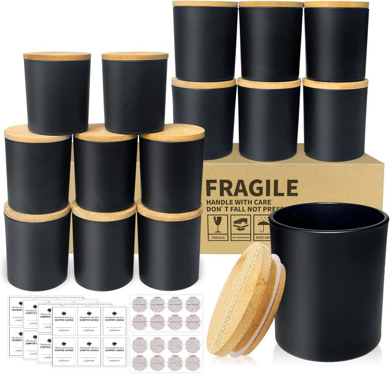 Photo 1 of CONNOO 8 Pack 14 OZ Black Glass Candle Jars with Bamboo Lids for Making Candles, Large Size Empty Candle Tins with Sticky Labels - Leakproof & Dishwasher Safe.