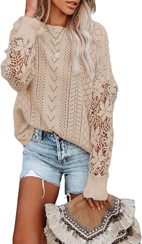 Photo 1 of AlvaQ Women's 2023 Lace Crochet Sweater Summer Fall Lightweight Crewneck Knit Sweaters Pullover Jumper Tops