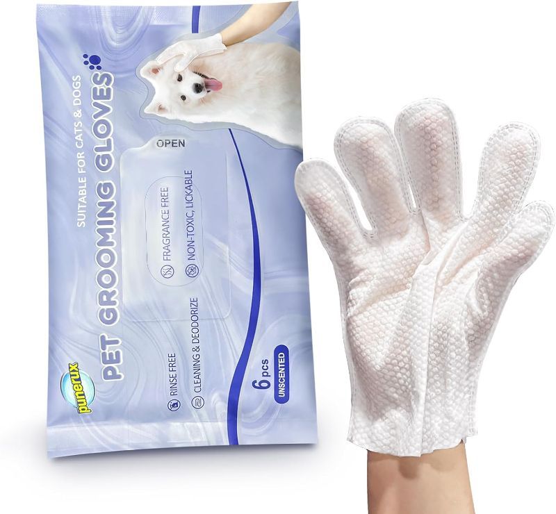 Photo 1 of  Wipes Gloves Cleaning for Dogs and Cats, Dog Wipes Gloves for Pet Fur Paws, Butt, Face, Ear, Eye, No Rinse Thick Grooming Wipes Gloves for Daily and Travel Care, 6PCS