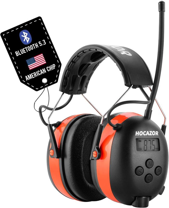 Photo 1 of Hocazor HP033 Bluetooth 5.3 Hearing Protection AM FM Radio Headphones, 25dB NRR Noise Reduction Safety Earmuffs with 2000mAh Rechargeable Battery for Mowing Workshops, Orange