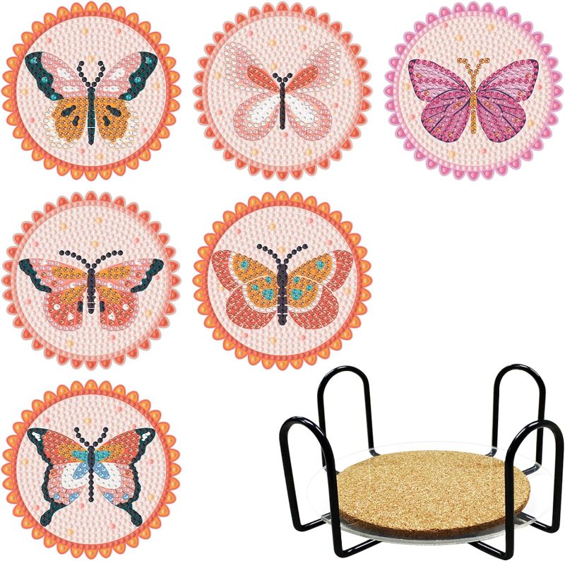 Photo 1 of  Butterfly Diamond Painting Coasters Set 6 PCS DIY Coasters Cork Mat Diamond Art Paintings with Holder Crystal Rhinestones Diamond Dots Art Coasters for Beginners Adult