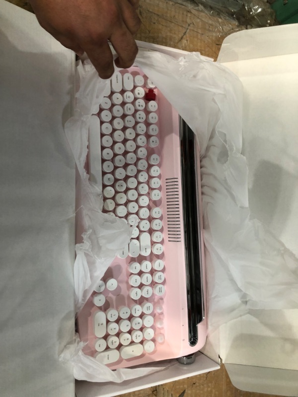 Photo 3 of YUNZII Upgraded Wireless Keyboard, Retro Keyboard Typewriter Style with Integrated Stand, USB-C/Bluetooth Keyboard with Cute Round Keycaps for Multi Device for Win/Mac (B309, Baby Pink)