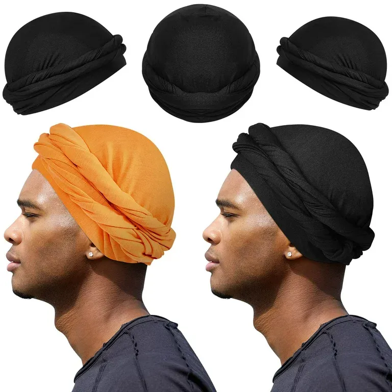 Photo 1 of 2 Pcs Turban for Men Turban Vintage Twist Head Wraps for Men Stretch Satin Turban Scarf Tie for Hair (Black, Turmeric, Medium)