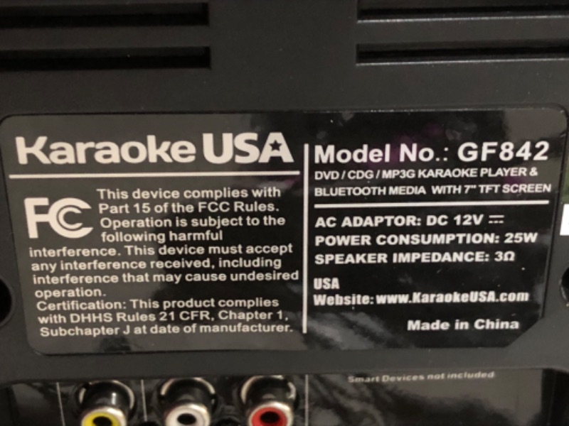 Photo 10 of ***NOT FUNCTIONAL - SCREEN SHATTERED - FOR PARTS ONLY - NONREFUNDABLE***
Karaoke USA GF842 DVD/CDG/MP3G Karaoke Machine with 7" TFT Color Screen, Record, Bluetooth and LED Sync Lights