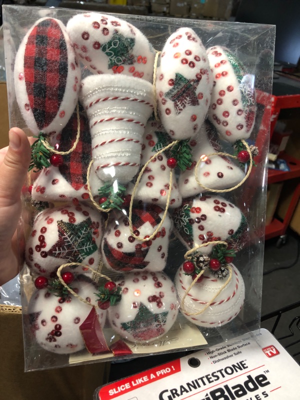 Photo 2 of 14 Pcs Rustic Christmas Ball Ornaments, 3.15 Inches Burlap Buffalo Plaid Christmas Tree Decorations, Vintage Farmhouse Sequin Flocked Ornaments for Xmas Tree, Home Decor, Party