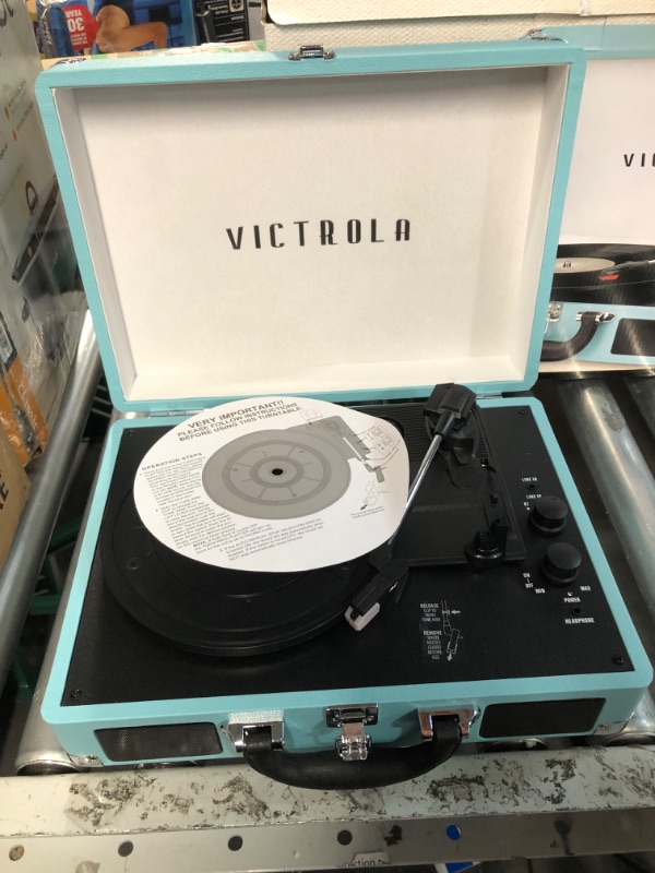 Photo 2 of Victrola Vintage 3-Speed Bluetooth Portable Suitcase Record Player with Built-in Speakers | Upgraded Turntable Audio Sound| Includes Extra Stylus | Turquoise, Model Number: VSC-550BT