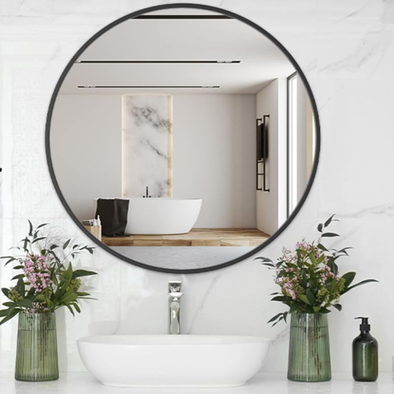 Photo 1 of (READ FULL POST) USHOWER Black Round Mirror for Over Sink 24-inch, Circle Bathroom Mirror, Metal Frame Vanity Mirror, Modern Wall Mirror for Entryway Living Room

