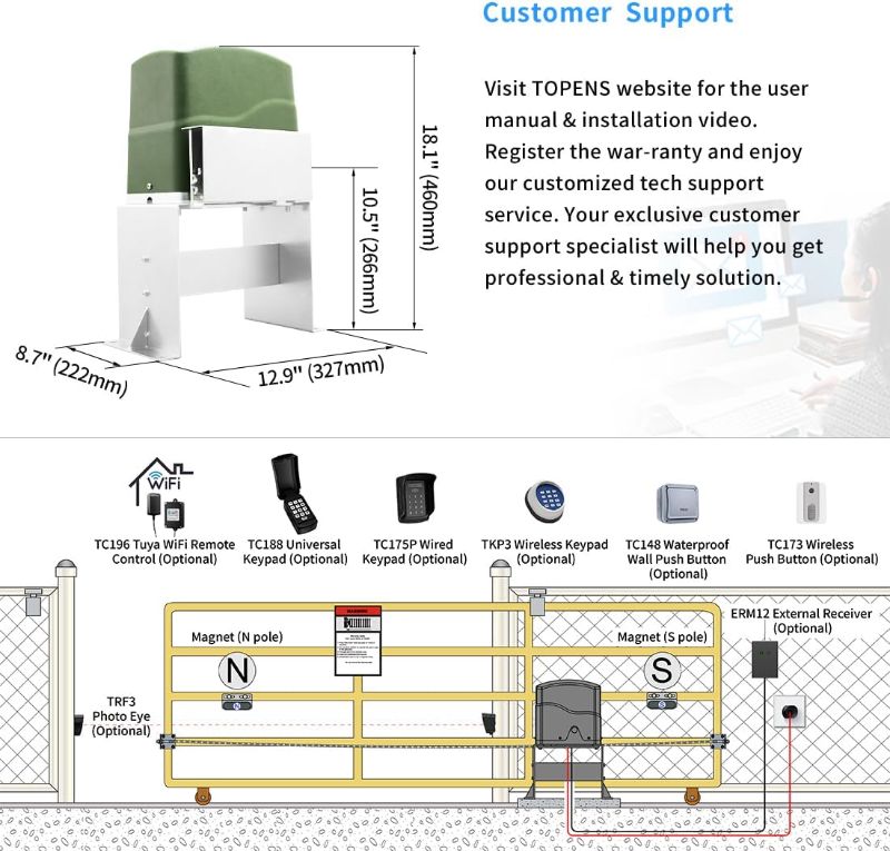 Photo 6 of (READ FULL POST) TOPENS CK700 Automatic Sliding Gate Opener Chain Drive Electric Gate Motor for Heavy Driveway Slide Gates Up to 1600 Pounds, Security Gate Operator AC Powered with 20ft Roller Chain and Remote Control