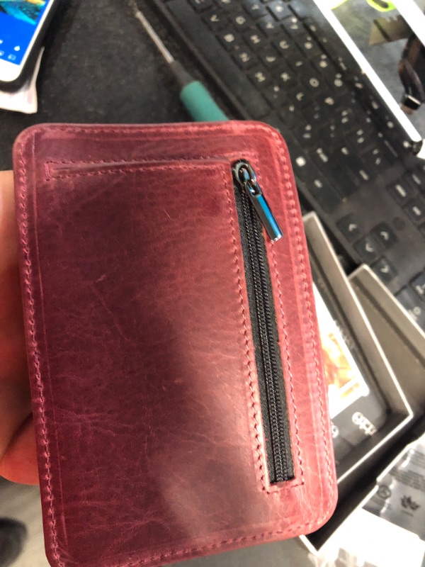 Photo 3 of RFID Blocking Minimalist Men’s Wallet - Slim, Italian Leather Credit Card Holder and Zippered Coin Slot One Size Damson