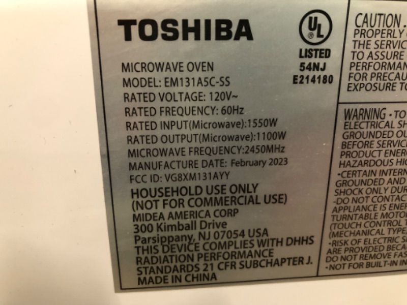 Photo 4 of ***NOT FUNCTIONAL - NONREFUNDABLE - FOR PARTS ONLY - SEE COMMENTS***
TOSHIBA EM131A5C-SS Countertop Microwave Oven, 1.2 Cu Ft with 12.4" Turntable