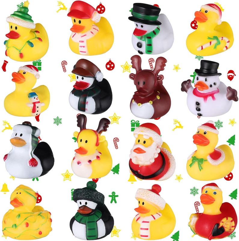 Photo 2 of 16 Pcs Christmas Rubber Duckies Toys Bulk, Fancy Novelty Christmas Ducks Party Decorations for Classroom Prizes Ducky Birthday Gift Xmas Winter Holiday Party Favors Bag