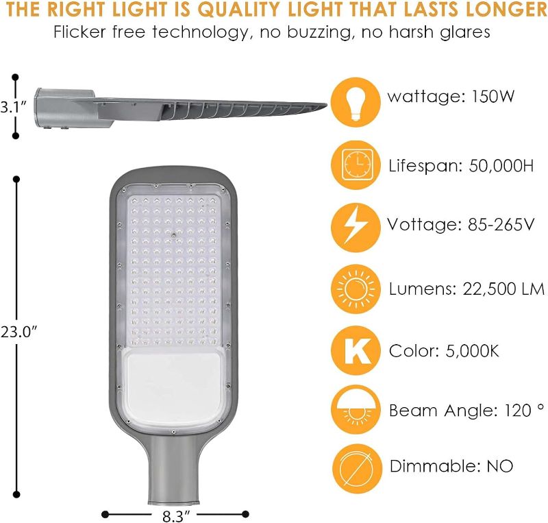 Photo 1 of 150W LED Parking Lot Lights with Dusk-to-Dawn Photocell Sensor, 22500LM 5000K Street Light with Adjustable Arm Mount, IP66 Waterproof Outdoor Commercial Area Road Lighting **NON REFUNDABLE**