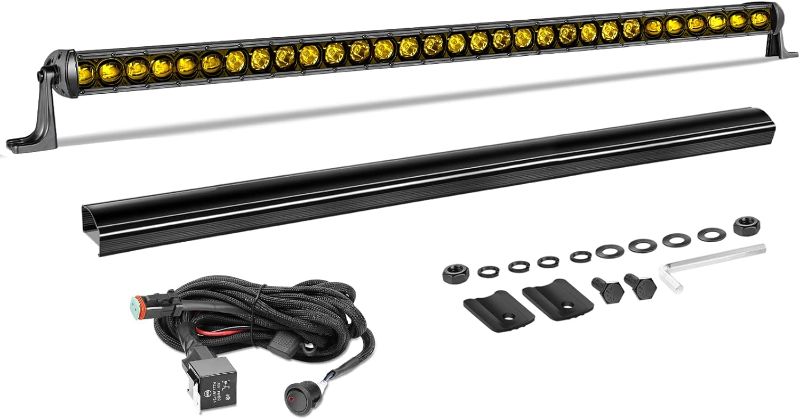 Photo 1 of AKD Part 40 Inch Amber LED Light Bar Kit, 210W Single Row Light Bar w/Wiring Harness Black Cover Driving Light Slim Roof Light for Truck UTV SUV Toyota Jeep Polaris Ford Subaru Can-Am *STOCK PHOPTO REF. ONLY*