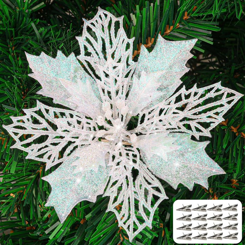 Photo 1 of 14 PCS Poinsettia Flower Artificial Poinsettia with Clips Christmas Decor Glitter Poinsettia Christmas Ornaments Christmas Tree Flower Decorations with Stems DIY Xmas Wreath Holiday Home Party Decor Colorful