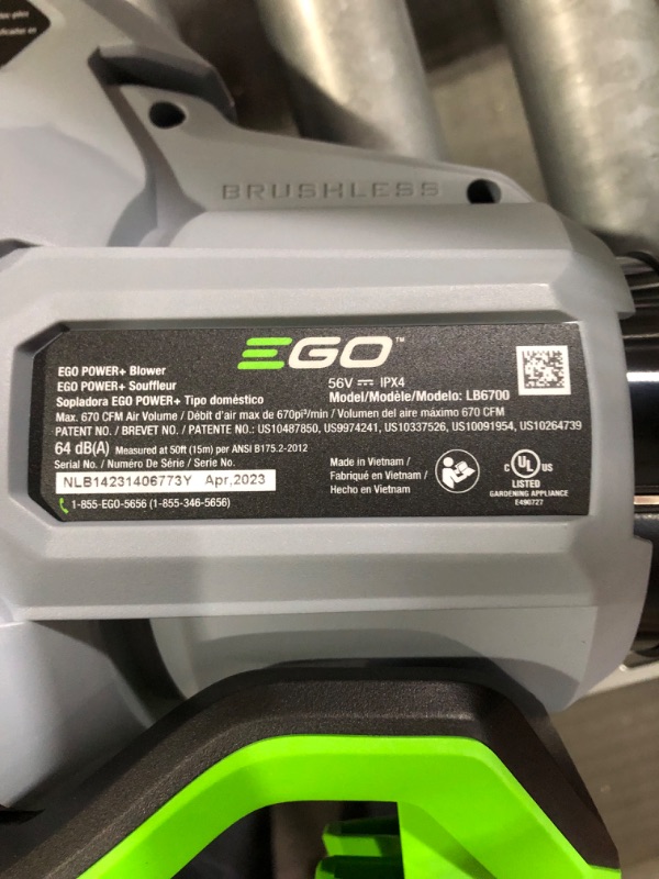 Photo 3 of **SEE NOTES**EGO Power+ LB6703 670 CFM 180 MPH 56V Lithium-Ion Cordless Electric Variable-Speed Blower Kit with 4.0Ah Battery and 320W Charger Included, Black 670 CFM Blower Kit  w/ 4.0 Ah Battery