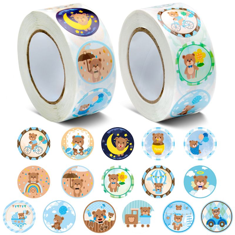 Photo 1 of 1000Pcs Blue Teddy Bear Baby Shower Stickers,Self Adhesive PVC Stickers (2 Rolls, 1in diameter)