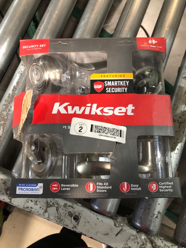 Photo 3 of **2 PACK** Kwikset 991 Tustin Entry Lever and Single Cylinder Deadbolt Combo Pack featuring SmartKey in Satin Nickel, Model Number: 99910-040