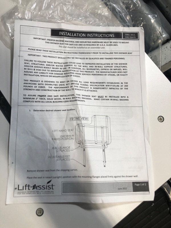 Photo 1 of **SEE NOTES**13"X28" Lift-Assist ADA Reversible Bathroom Shower Bath Transfer Seat, Folding, Wall-Mounted, White Phenolic Sea