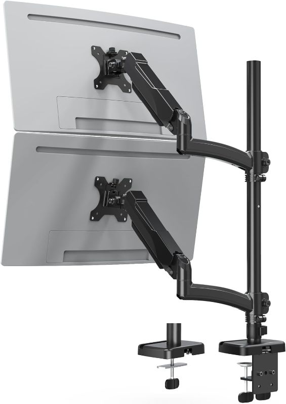 Photo 1 of MOUNTUP Vertical Dual Monitor Mount Holds 4.4-17.6lbs, up to 32 Inch Stacked Monitor Mount with Gas Spring Arm with Clamp/Grommet Base Dual Monitor Stand
