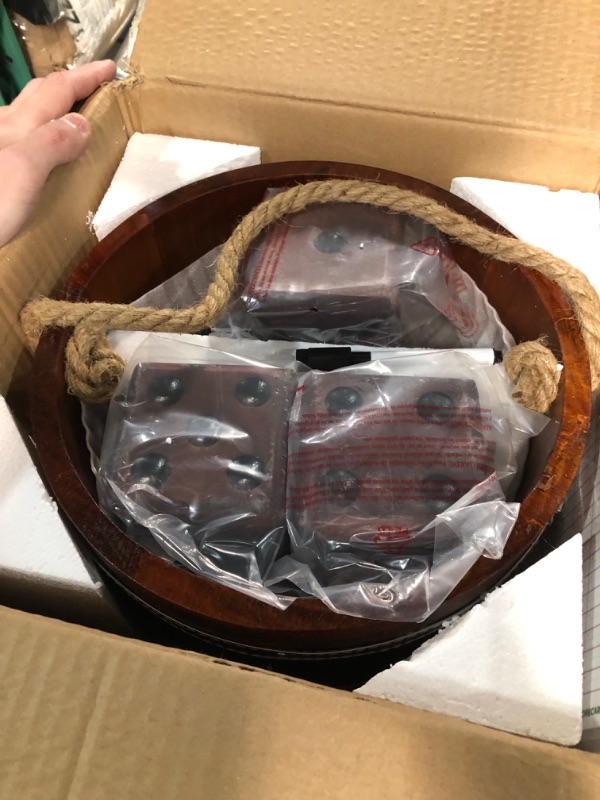 Photo 1 of SWOOC Games - Yardzee, Farkle & 20+ Games - Giant Yard Dice Set (All Weather) with Wooden Bucket, 5 Big Laminated Score Cards, and Dry Erase Marker
