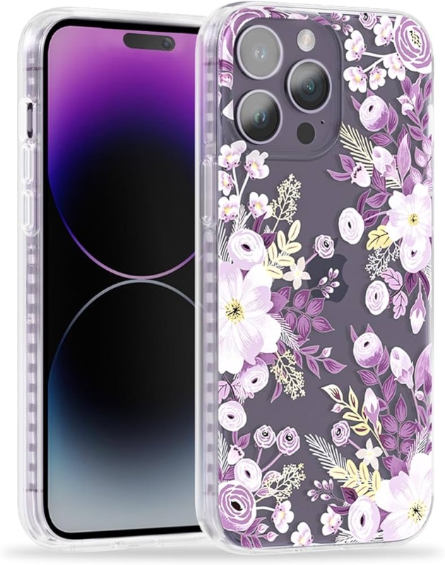 Photo 1 of SCORPIFY for iPhone 15 Pro Case Purple Nemophila Floral Design, Cute Clear Flower 