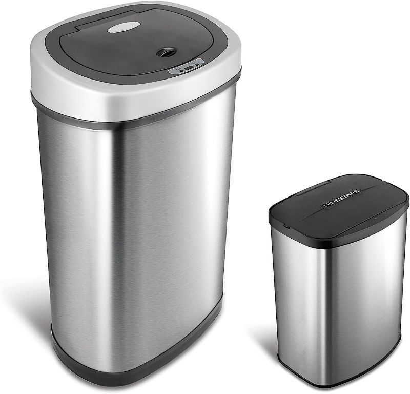 Photo 1 of ***DAMAGED - DENTED - WARPED - MOTION SENSING FUNCTION DOESN'T WORK***
NINESTARS CB-DZT-50-9/8-1 Automatic Touchless Infrared Motion Sensor Trash Can Combo Set, 13 Gal 50L & 2 Gal 8L, Stainless Steel