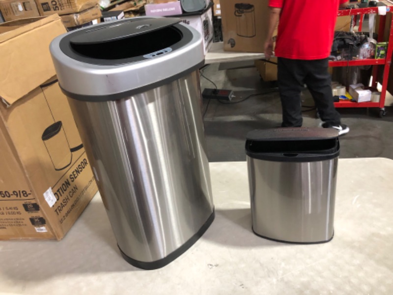 Photo 4 of ***DAMAGED - DENTED - WARPED - MOTION SENSING FUNCTION DOESN'T WORK***
NINESTARS CB-DZT-50-9/8-1 Automatic Touchless Infrared Motion Sensor Trash Can Combo Set, 13 Gal 50L & 2 Gal 8L, Stainless Steel