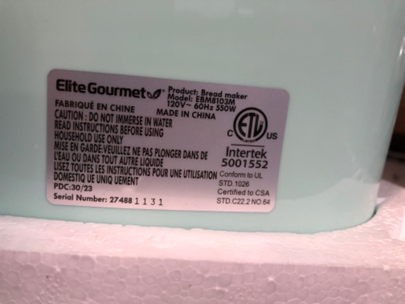 Photo 1 of **NONREFUNDABLE**FOR PARTS OR REPAIR**SEE NOTES**
Elite Gourmet EBM8103M Programmable Bread Maker Machine, 3 Loaf Sizes, 19 Menu Functions Gluten Free White Wheat Rye French and more, 2 Lb, Mint 