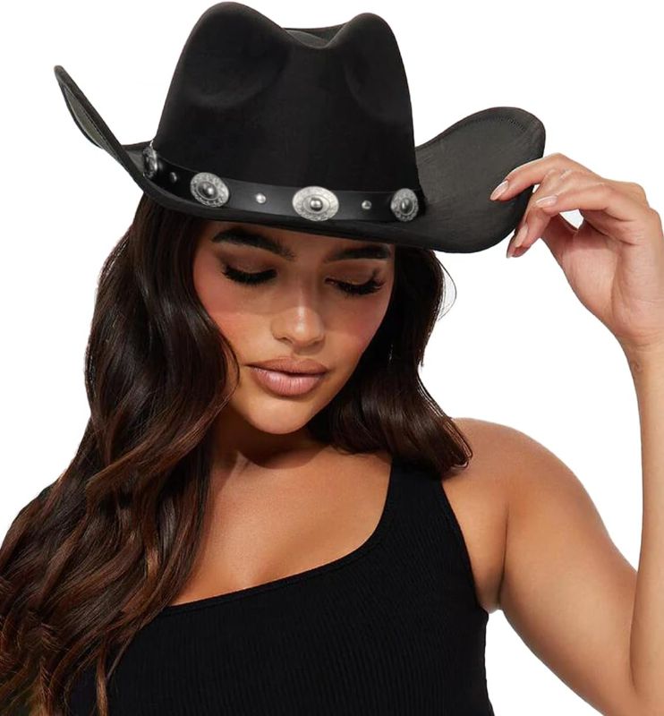 Photo 1 of Eohak Womens Western Cowboy Hats Studded Pinched Western Cowgirl Hats Wide Brim Fedoras Hat with Belt Buckle M/L