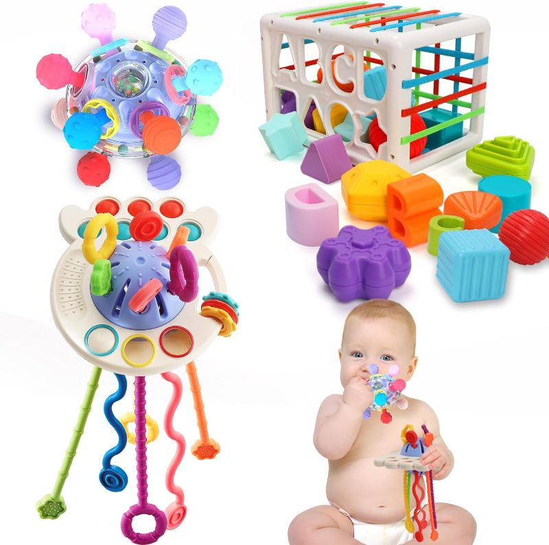 Photo 1 of 3 in 1 Baby Toys 6 to 12 Months, Baby Teething Toys & Pull String & Shape Sort Cube