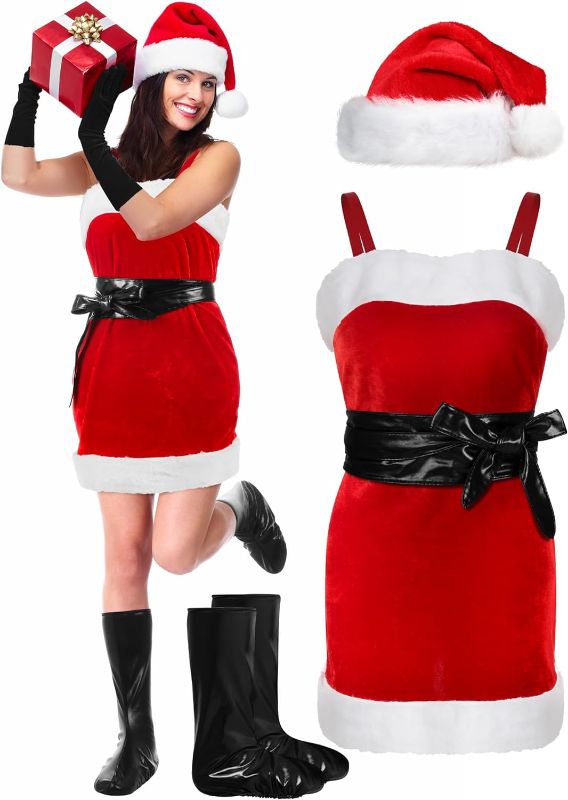 Photo 1 of Leumoi 5 Pcs Christmas Girl Santa Costume Bell Outfit Dress Hat Gloves Belt Boot Covers for Women Santa Claus 