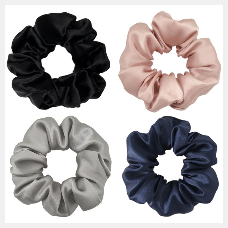 Photo 1 of Feivea Silk Scrunchies for Hair, 100% Pure Mulberry Silk - 4 PK (Black/Navy/Lotus Pink/Silver Grey)