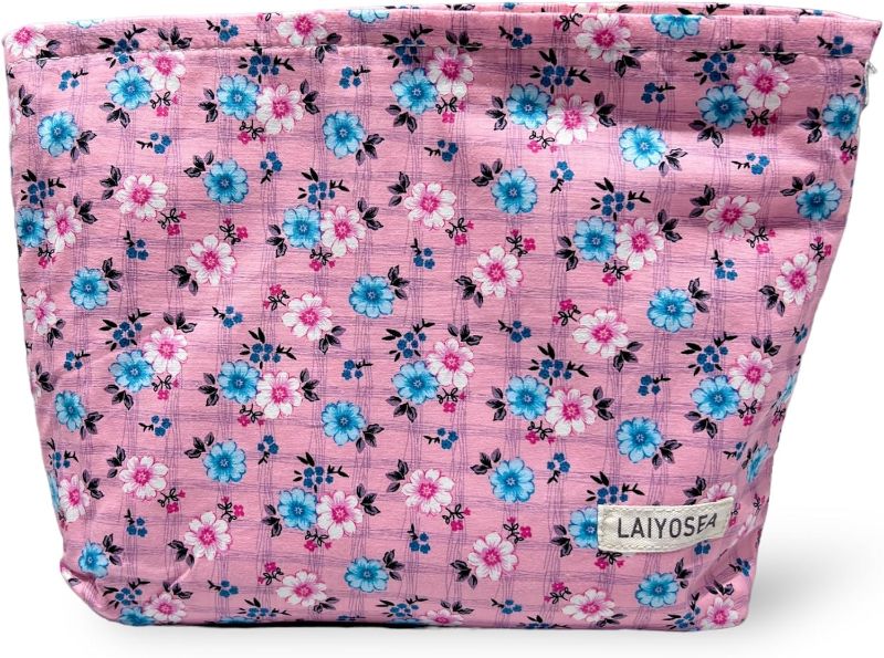 Photo 1 of LAIYOSEA Hot Pink Small Cosmetic Bag - Cute Cotton Flower Makeup Pouch For Toiletries, Makeups & Skincare - Preppy & Aesthetic Design with Sturdy Canvas Interior, Quality Zipper & Stylish Gift Box