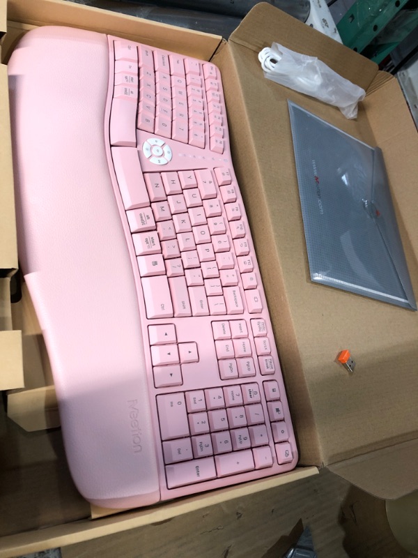 Photo 2 of MEETION Ergonomic Wireless Keyboard and Mouse, Ergo Keyboard with Vertical Mouse, Split Keyboard with Cushioned Wrist Palm Rest Natural Typing Rechargeable Full Size, Windows/Mac/Computer/Laptop, Pink Large Pink