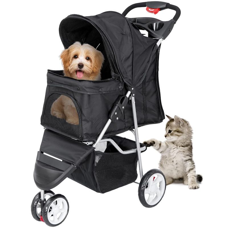 Photo 1 of ZENY Foldable Pet Stroller, Cat/Dog Stroller with 3 Wheel, Pet Strolling Cart, Dog Travel Carrier with Storage Basket + Cup Holder, Black