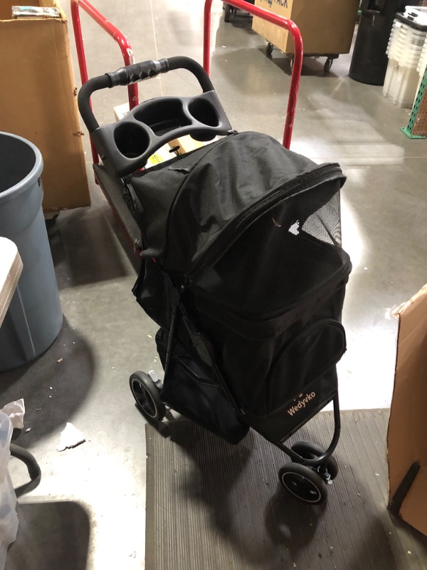 Photo 2 of ***USED - FRAME BENT - NO PACKAGING***
Pet Dog Stroller, 3 Wheel Cat Dog Stroller with Storage Basket and Cup Holder for Small and Medium Cats (Black)