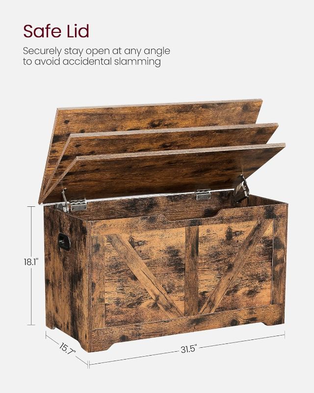 Photo 6 of (READ NOTES) VASAGLE Storage Chest, Storage Trunk with 2 Safety Hinges, Storage Bench, Shoe Bench, Barn Style, 15.7 x 31.5 x 18.1 Inches, for Entryway, Bedroom, Living Room, Rustic Brown ULSB062T01 15.7 x 31.5 x 18.1 Inches Rustic Brown