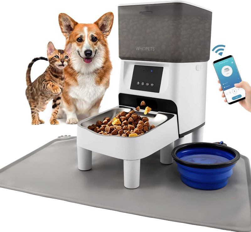 Photo 1 of Automatic Cat Feeder, WHDPETS 4L WiFi Automatic Cat Food Dispenser with App Control Elevated Dog Feeder with Stainless Steel Bowl, Silicone Dog Bowl, Feeding Mat, 10s Voice Recorder(2.4G WiFi Only)