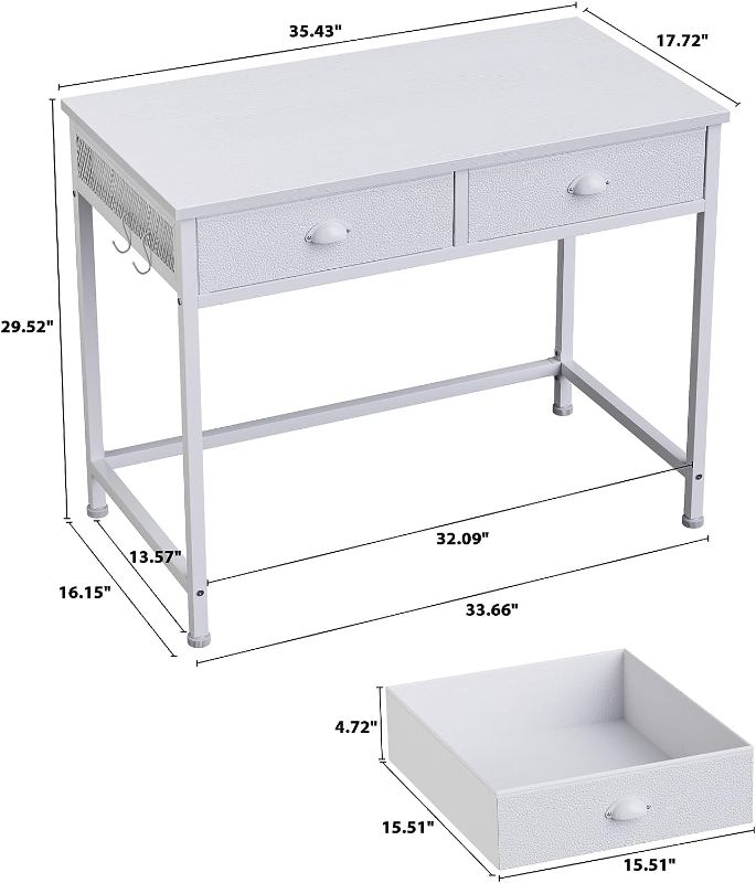 Photo 3 of (READ FULL POST) Furologee White Small Computer Desk with 2 Fabric Drawers, Simple Home Office Writing Desk, Vanity Makeup Desk Dressing Table with Hooks, Study Desk for Bedroom Small Spaces