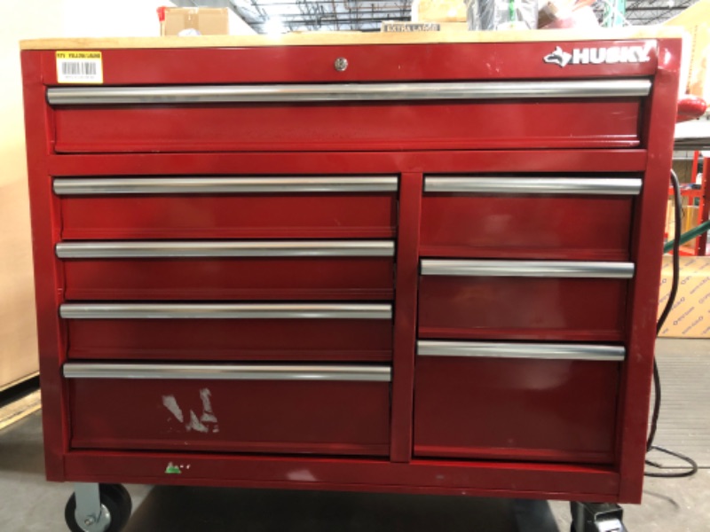 Photo 1 of 42 in. W x 18.1 in. D 8-Drawer Red Mobile Workbench Cabinet with Solid Wood Top
***HAS SOME SCRATCHES AND DIRTY***
***SEE PICTURES FOR DETAIL***
